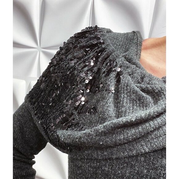 Simon Chang Womens Sz M Heathered Gray Black Sequin Ribbed Sweater Dress Shift - Picture 4 of 8